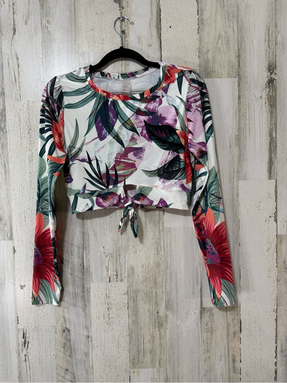 CALIA Swim Athletic Long Sleeve Floral Tie-Front Crop Top